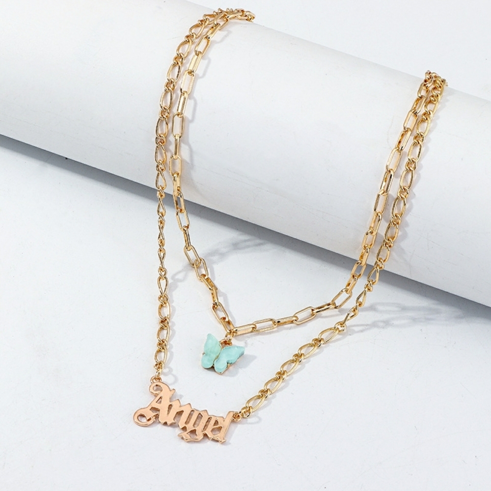 Gold Blue ANGEL Butterfly Pendant Necklace Cute